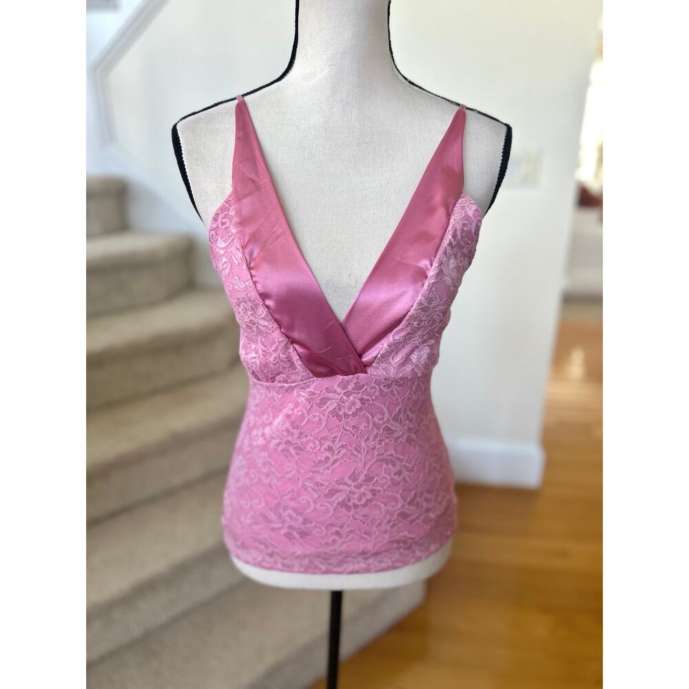 Vintage Y2K Pink Satin Lace Plunge V-Neck Cami Tank Top Whimsygoth Coquette
